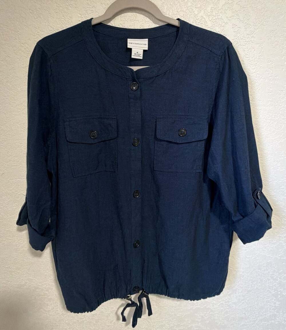 Liz Claiborne Button Down Shirt Size M Navy Blue Cotton Linen